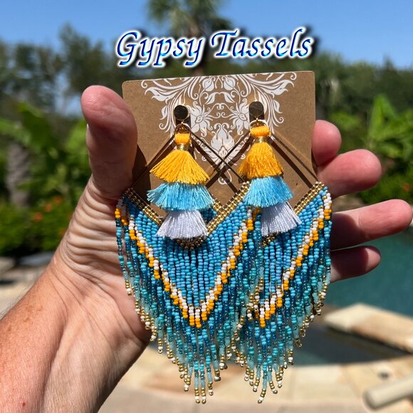 Handmade Beaded Long Tassel Fringe Dangle Drop Bohemian Post Diamond Earrings - Picture 9 of 9